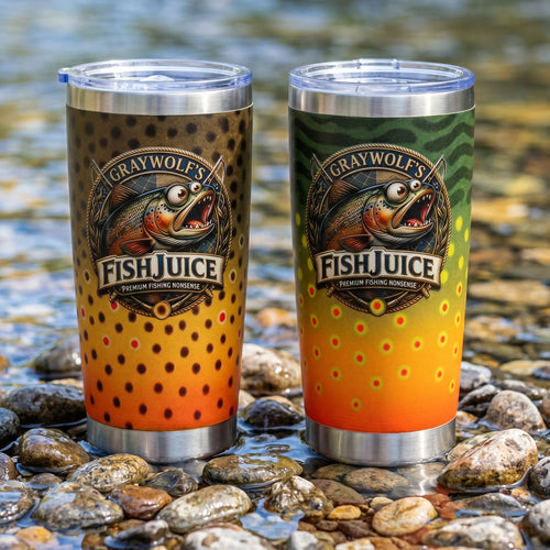 Two Graywolf's Fish Juice tumblers on a rocky shoreline with water in the background.