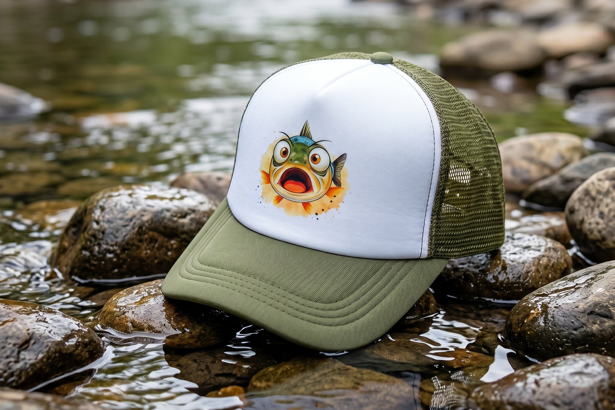 Green and white cap with a fish graphic on rocks by a water body