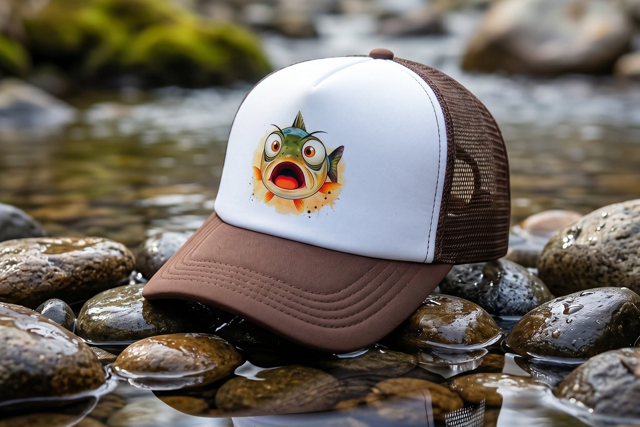 White and brown cap with a fish graphic on a rocky surface near water