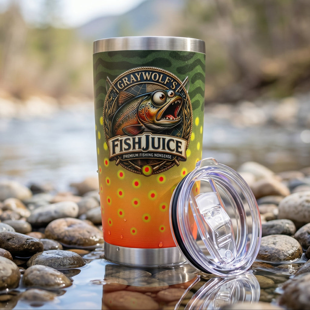 Tumbler with 'Graywolf's Fish Juice' branding on a natural background