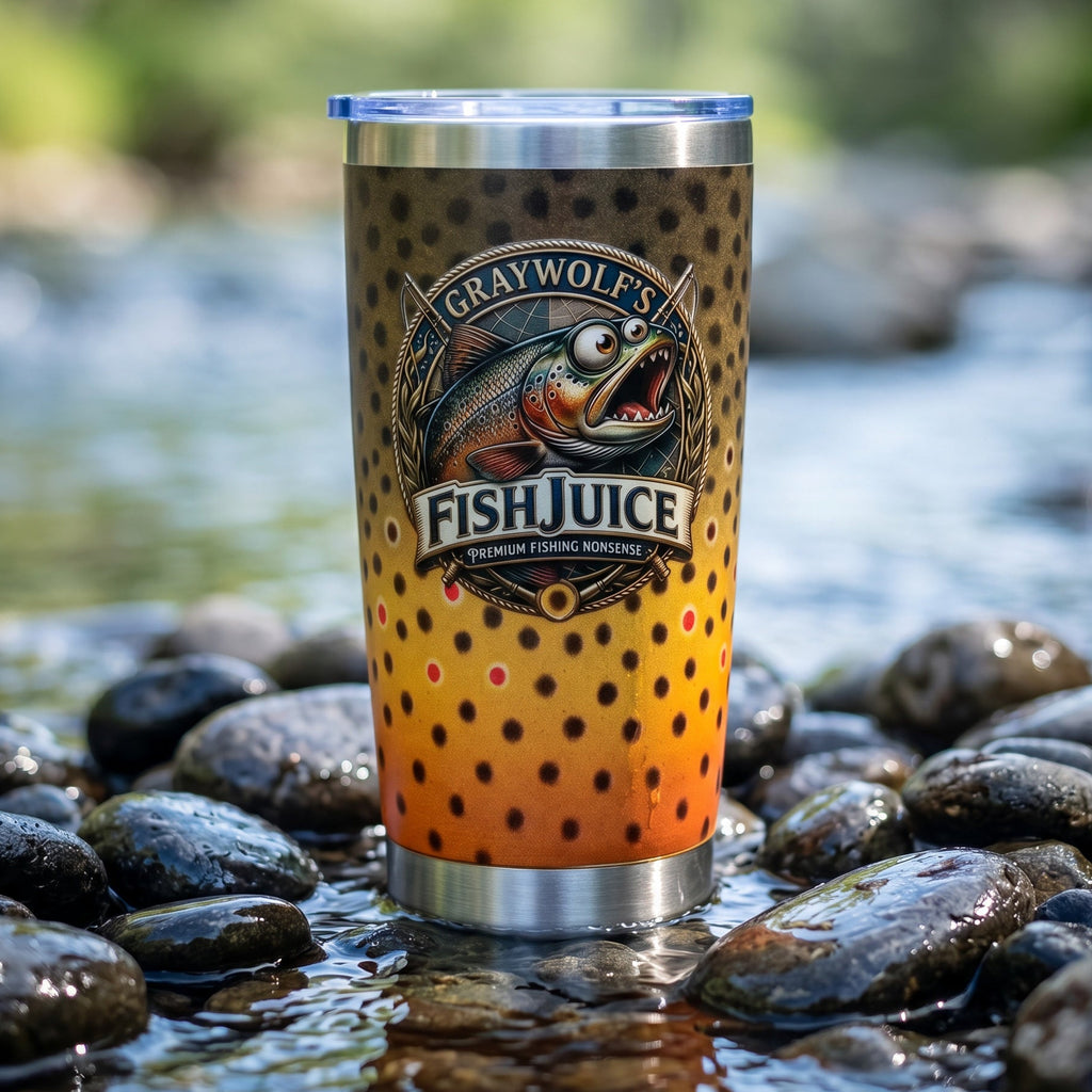 Tumbler with 'Gray Wolf's Fish Juice' branding on a rocky stream background