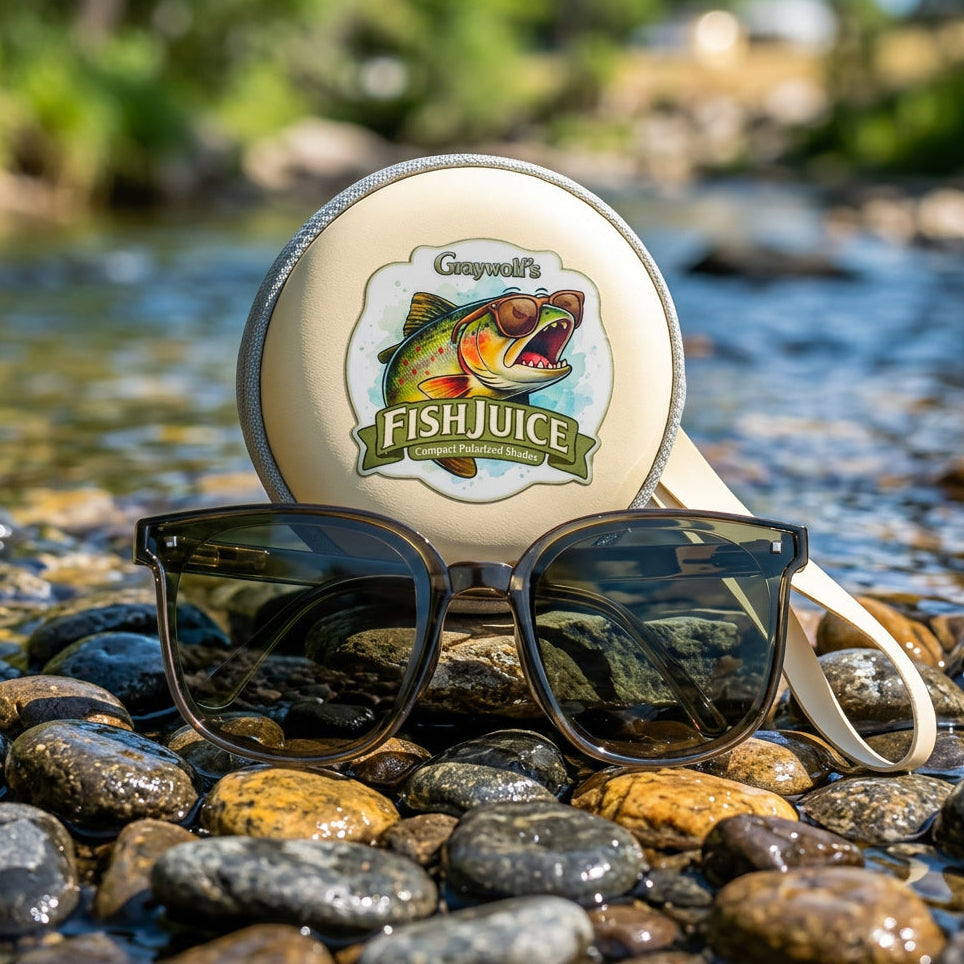 Sunglasses and a container labeled 'Fish Juice' on rocks by a stream