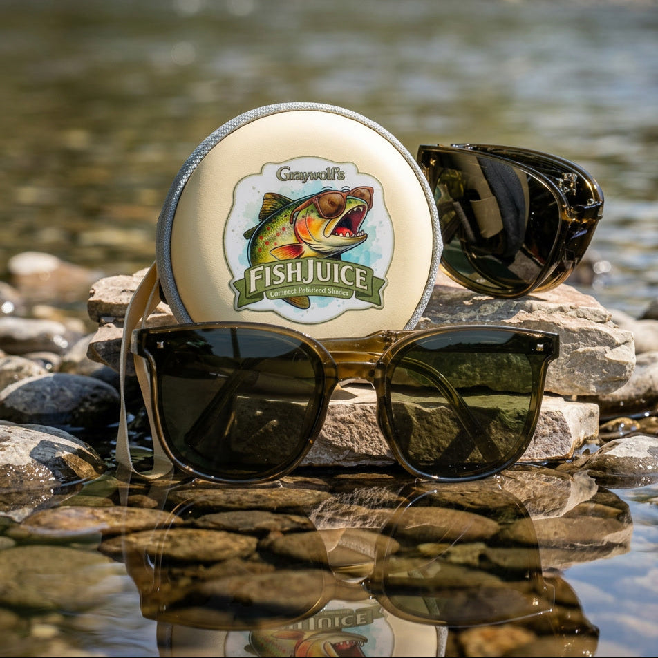 Sunglasses with a 'Fishjuice' product on a rock by a water body