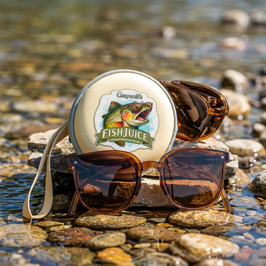 Sunglasses with a 'Fish Juice' product on a rock by a water body