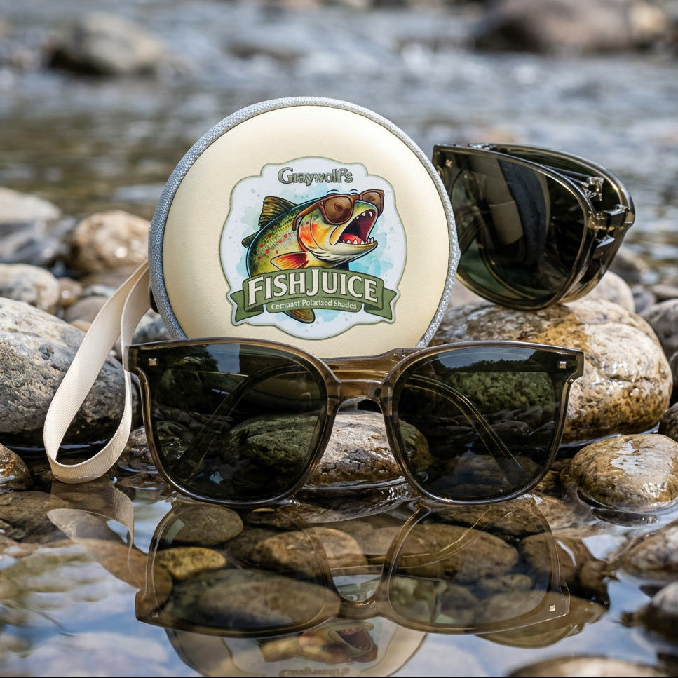 Sunglasses with a 'FishJuice' container on rocks by a stream