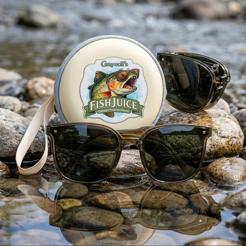 Sunglasses with a 'FishJuice' container on rocks by a stream