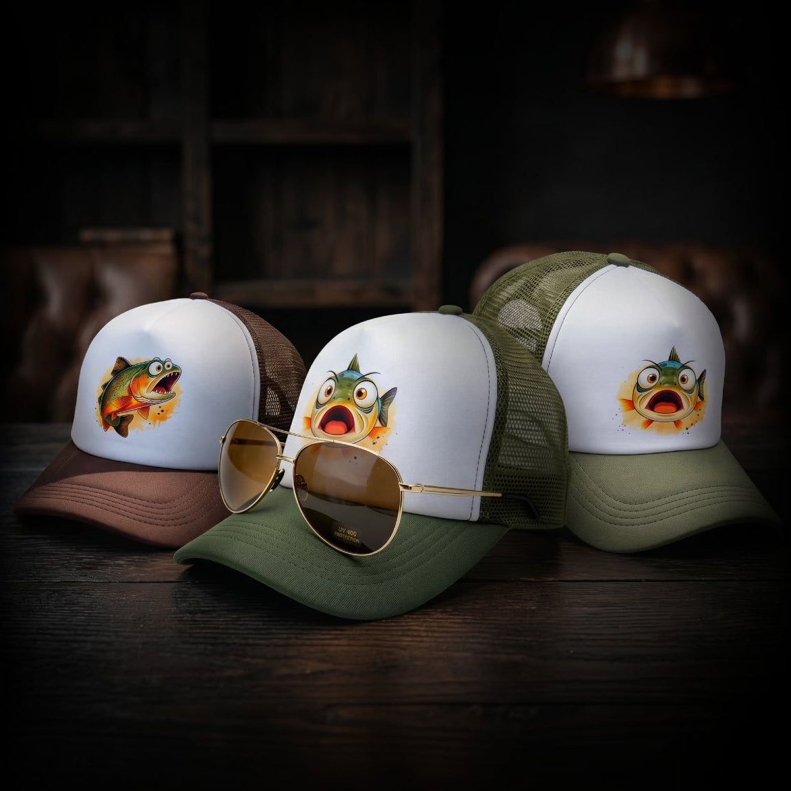 Three baseball caps with cartoon frog designs on a wooden surface.
