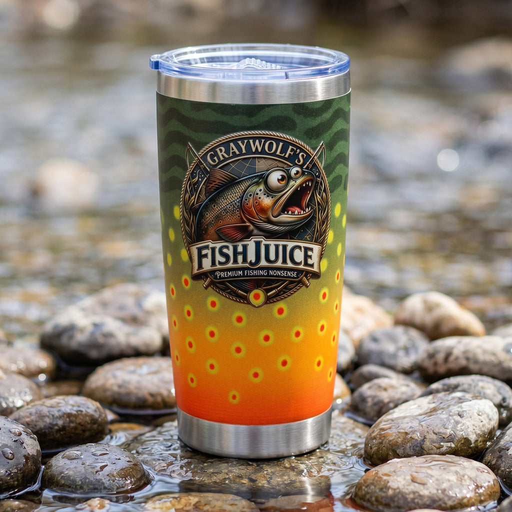 Tumbler with 'Graywolf's Fish Juice' branding on a natural background
