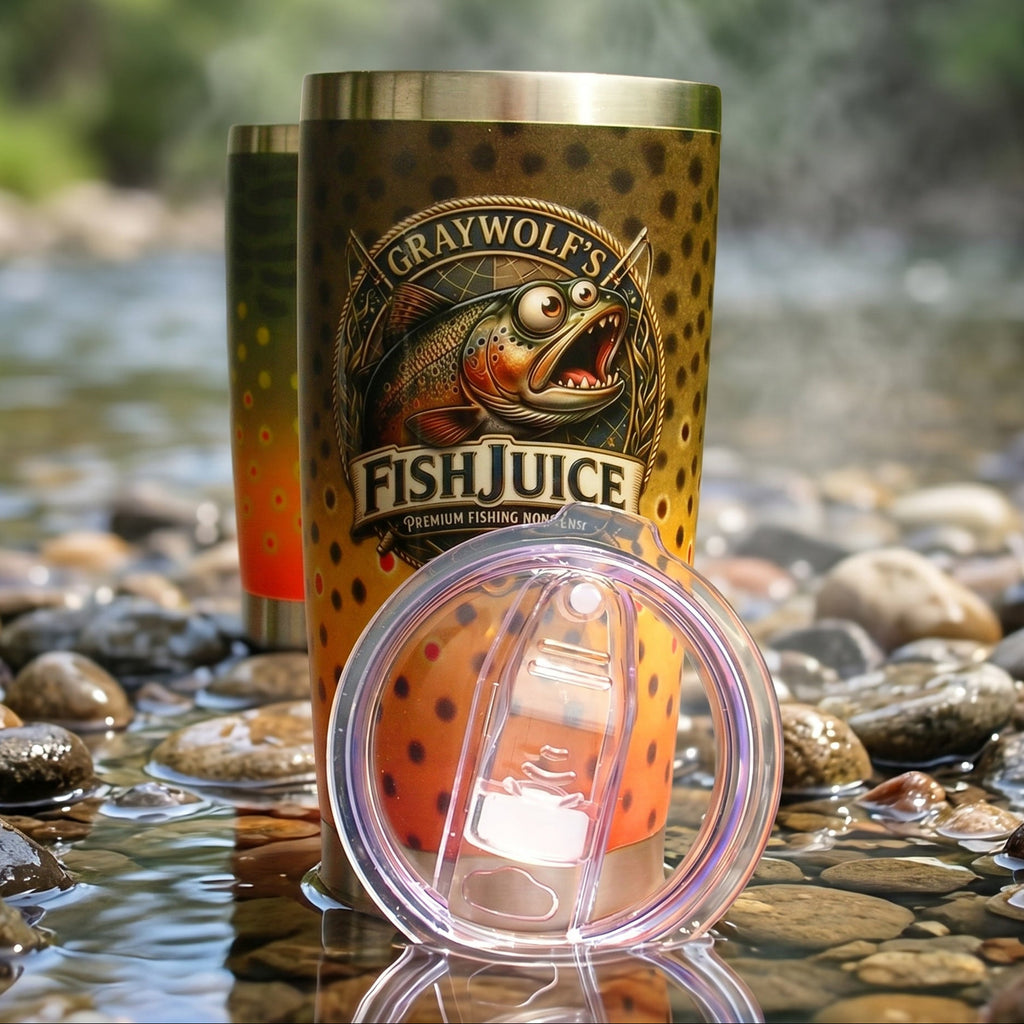 Tumbler with 'Graywolf's Fish Juice' branding on a rocky riverbank